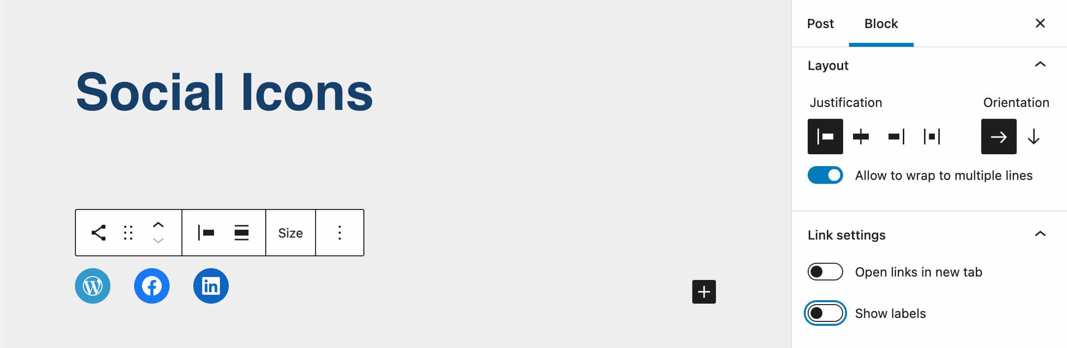 Een Show label element maakt het mogelijk om labels in Social Icons aan/uit te zetten.