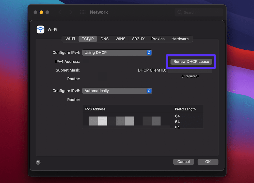 La pantalla de macOS “Red > Avanzado > TCP/IP” mostrando varios campos de dirección IP, con un botón 