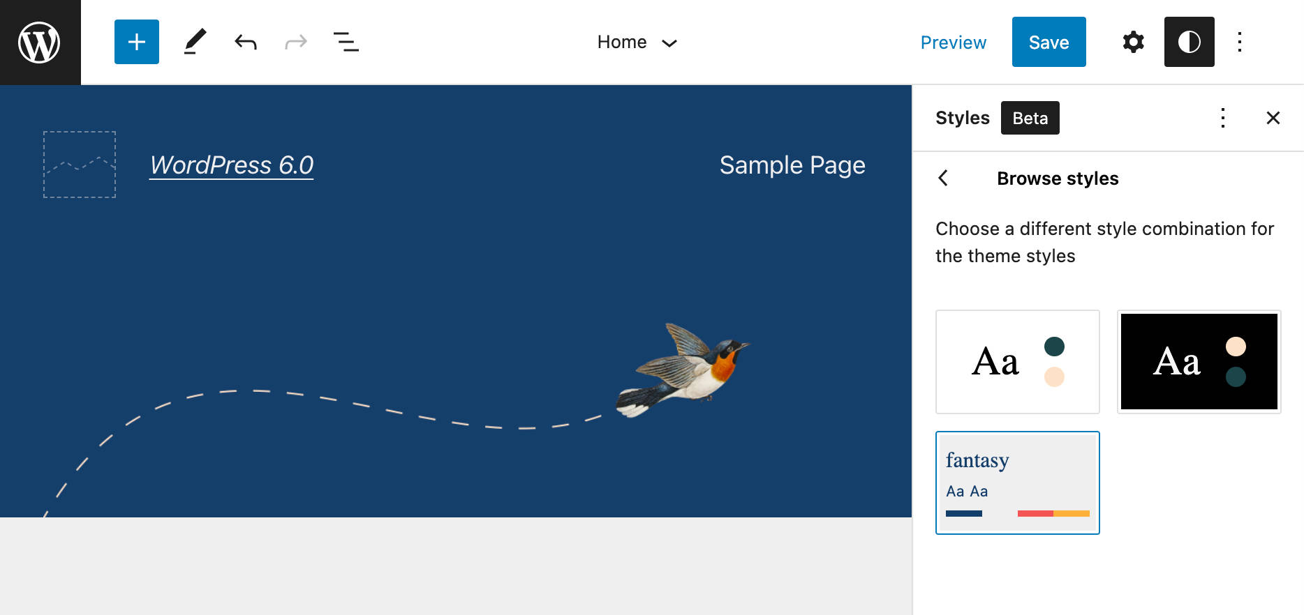 Een stijl kiezen met een enkele klik in WordPress 6.0.
