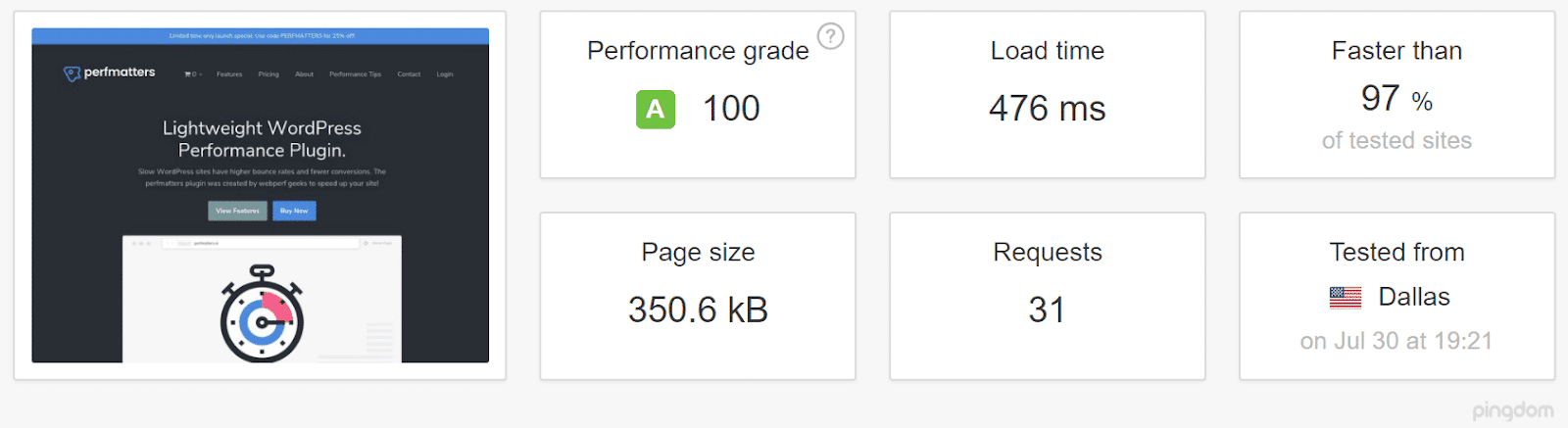 Test mit Kinsta CDN von einem Server in Dallas (Quelle: Pingdom)