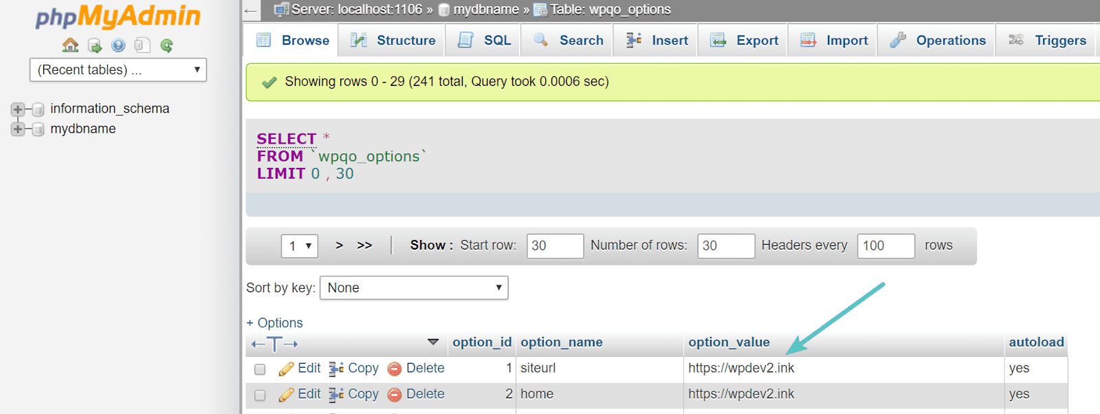 Webseiten-URL in phpMyAdmin überprüfen