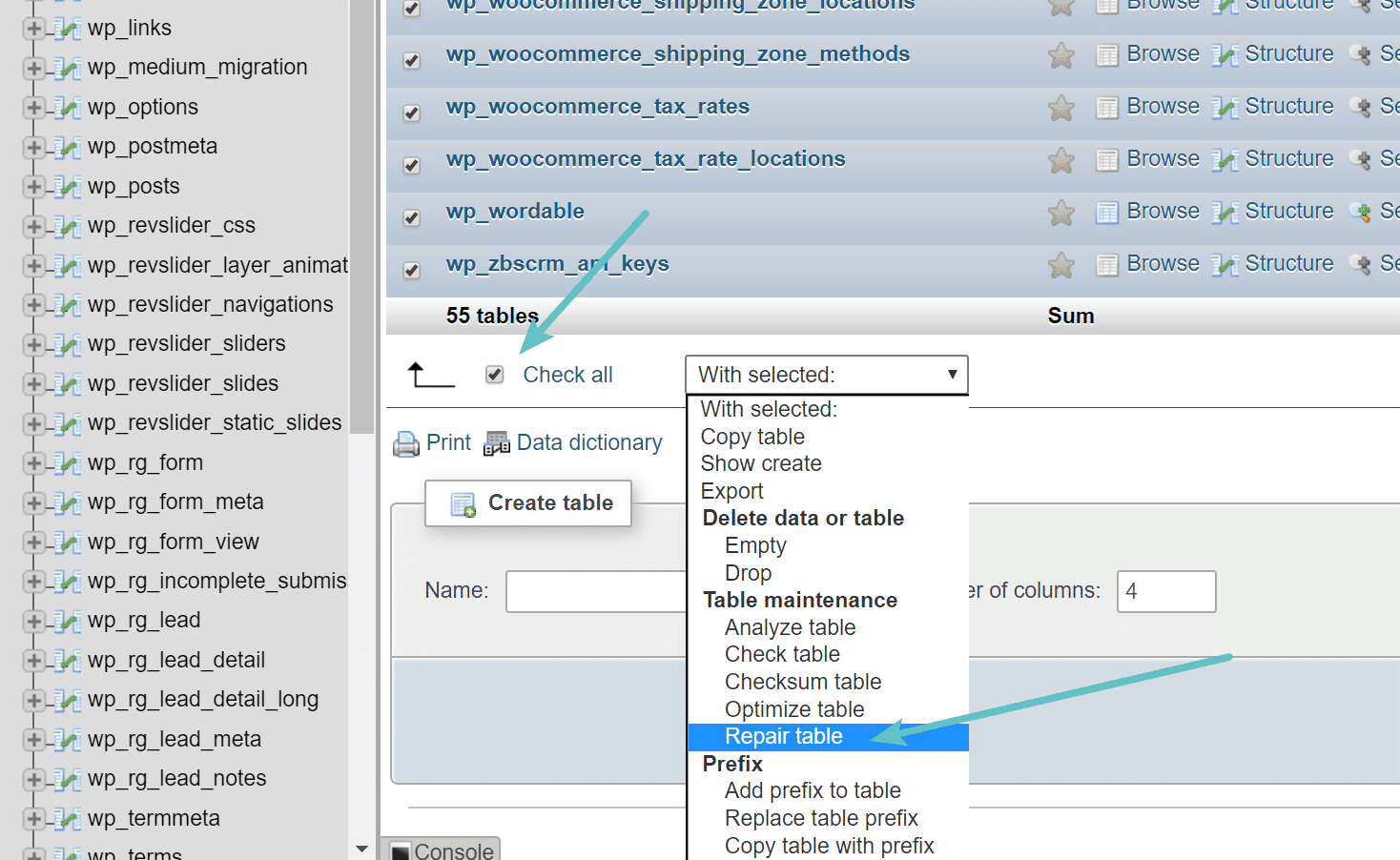 Tabellen reparieren in phpMyAdmin