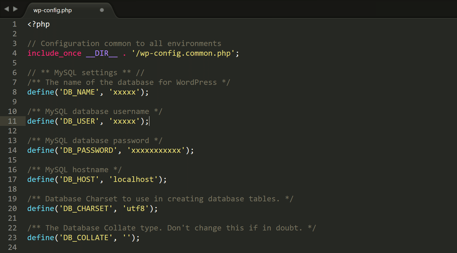 Screenshot: wp-config.php Anmeldedaten