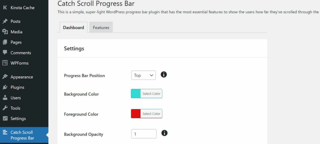 The Catch Scroll Progress Bar plugin settings area.