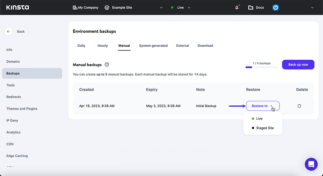 MyKinstaでバックアップを復元