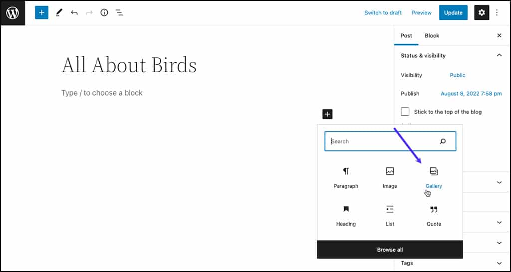 Création d'une nouvelle galerie d'images dans WordPress.