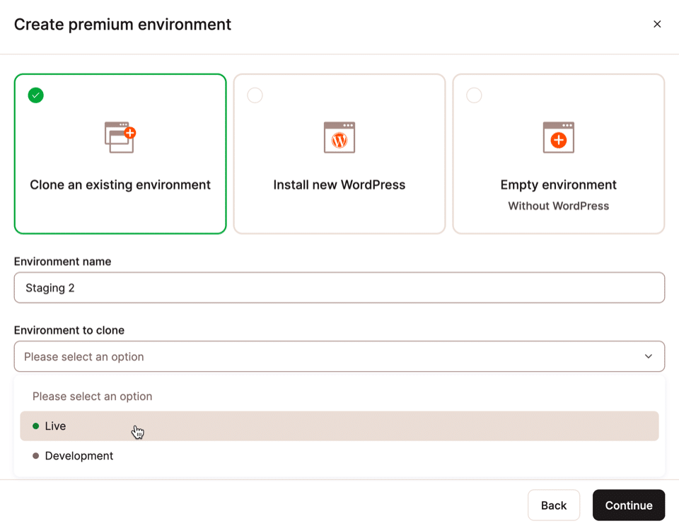 A screenshot of the Create Premium Environment dialog with the options for populating the new site.