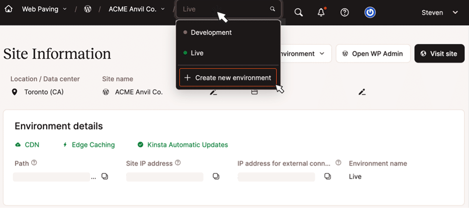 A screenshot of the MyKinsta dashboard showing the selection of the Environment indicator to start the process of adding another environment. 