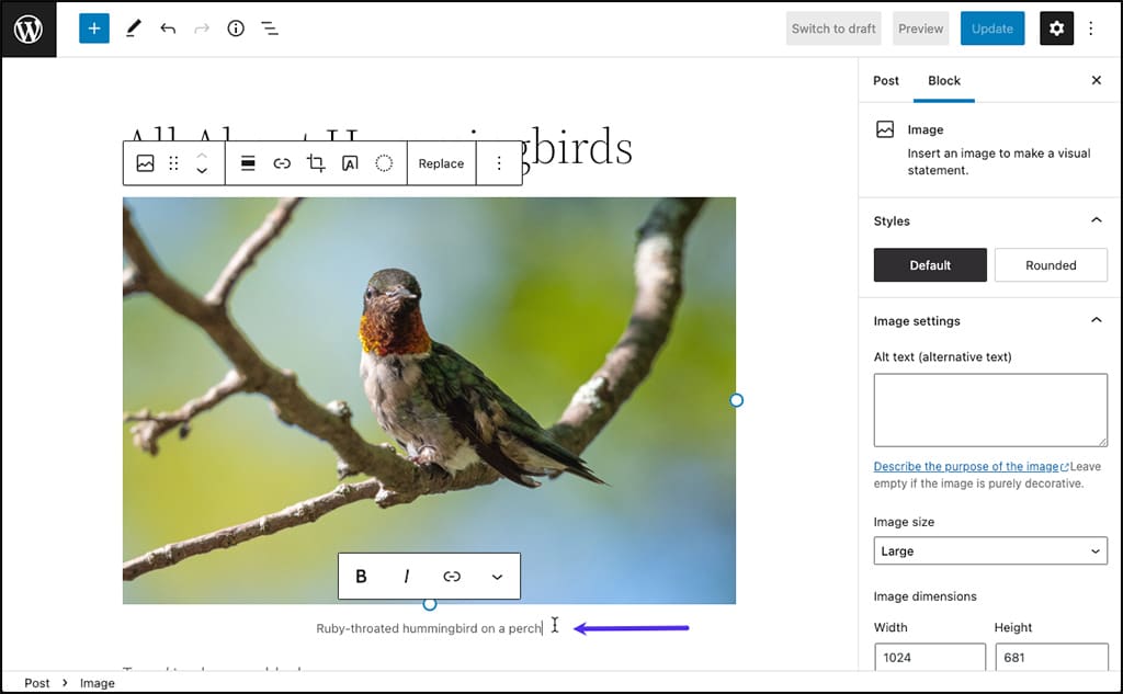 Modifier une légende existante dans l'éditeur de blocs de WordPress.