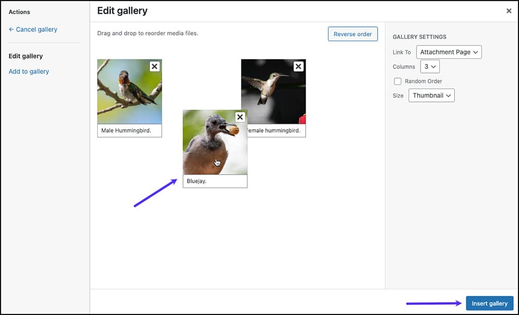 Faites glisser et déposez les miniatures pour modifier l'ordre des images dans la galère.