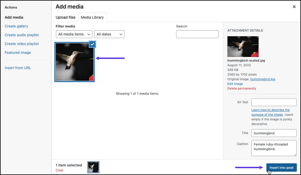Insertion d'une image avec une légende dans l'éditeur classique de WordPress.