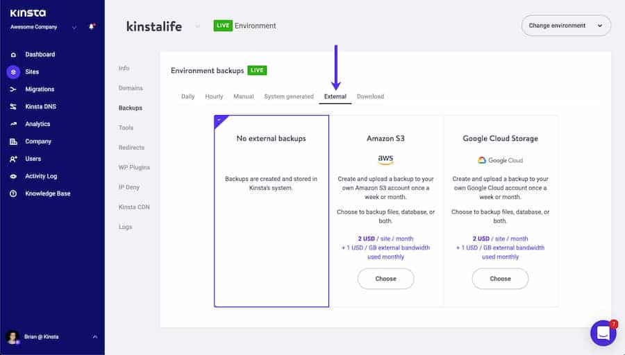 Kinstaの自動外部バックアップアドオン