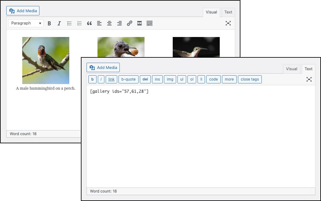 Par défaut, l'éditeur classique génère un code court pour les galeries d'images.