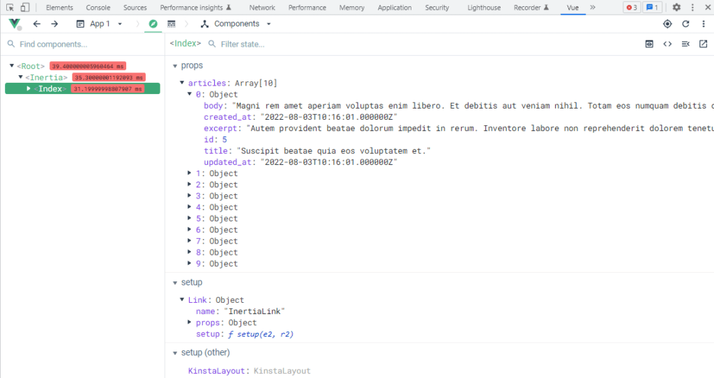 Chrome's Vue DevTools extensie met een lijst met Inertia eigenschappen voor de open pagina.
