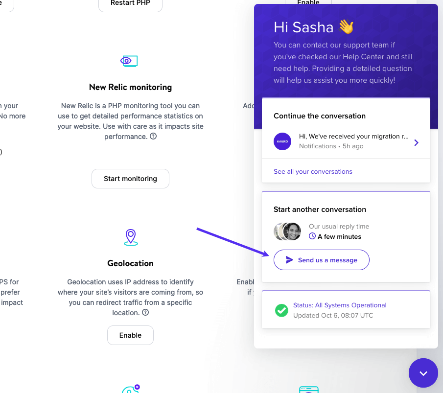 Invio di un messaggio di chat di supporto in MyKinsta.