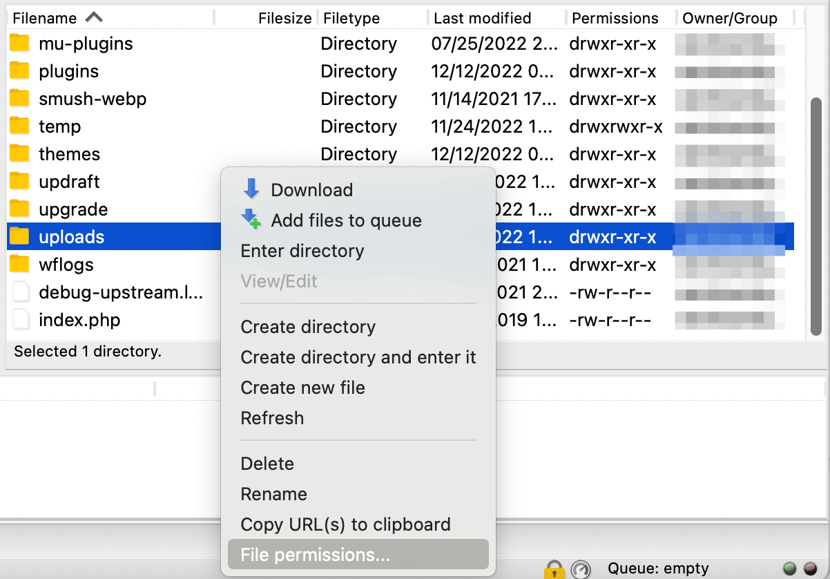 Editando permissões de arquivos para uploads do WordPress