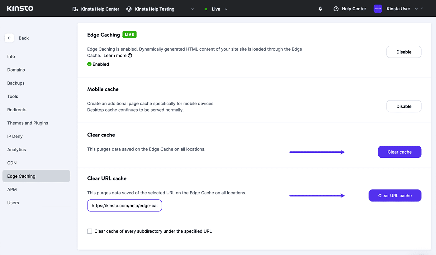 Screenshot: Het wissen van caches in MyKinsta