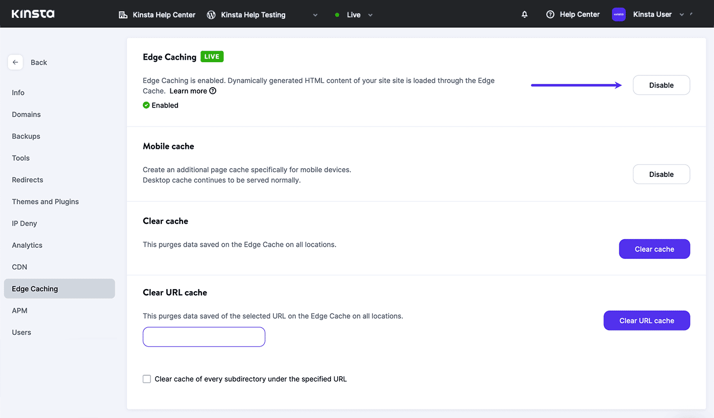 Screenshot: Edge Caching uitschakelen in MyKinsta.