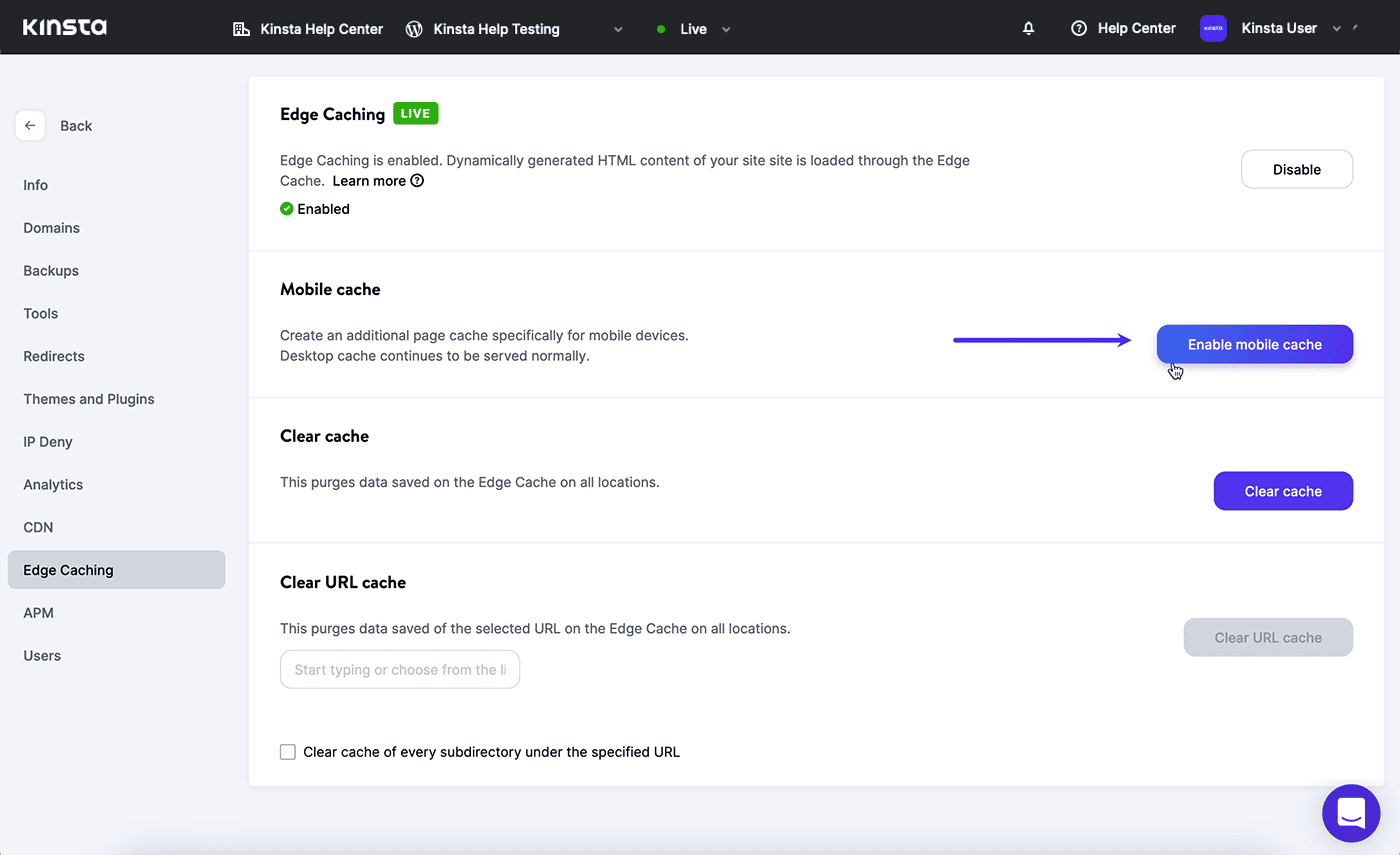 Screenshot: Mobiele cache inschakelen in MyKinsta.