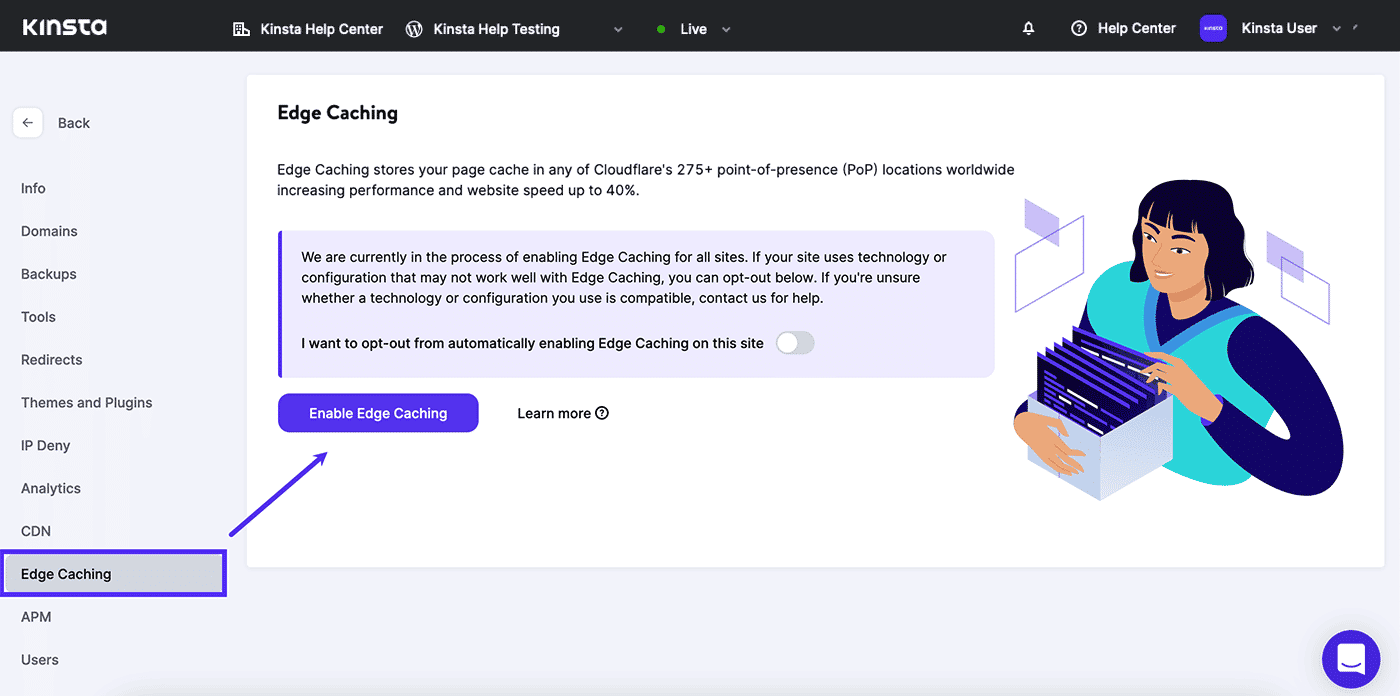 Screenshot: Edge Caching inschakelen in MyKinsta.