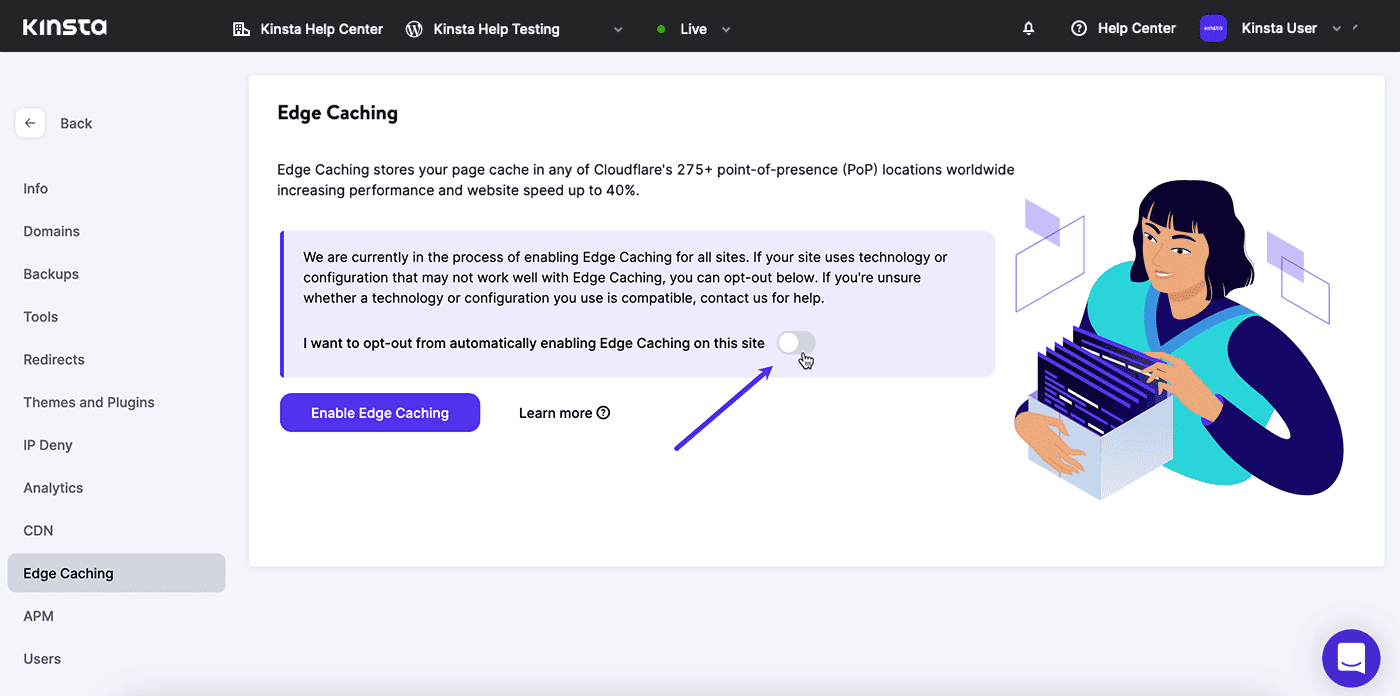Screenshot: Het uitschakelen van Edge Caching in MyKinsta.