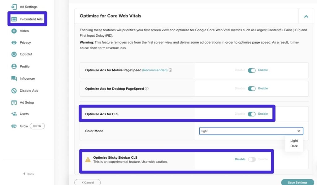 MediavineのCLSに広告を最適化する設定
