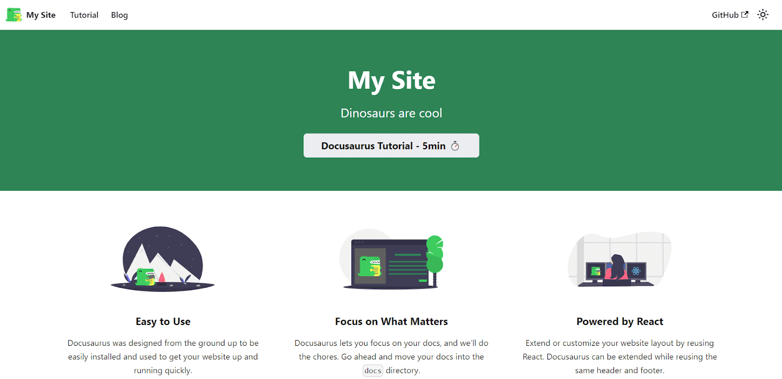 A página inicial do Docusaurus implantado, no topo da qual há um banner verde com o título 