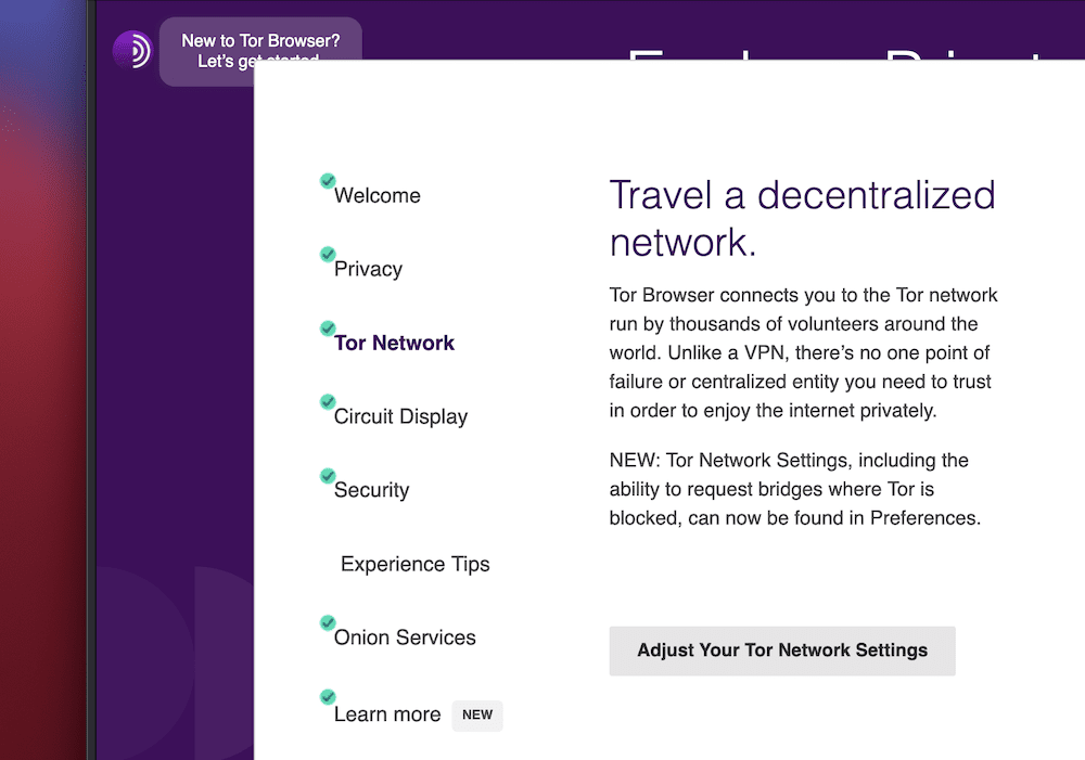 A partial Tor Browser window that shows the onboarding wizard. There are left-hand navigation links, and a central column with a heading that reads, 