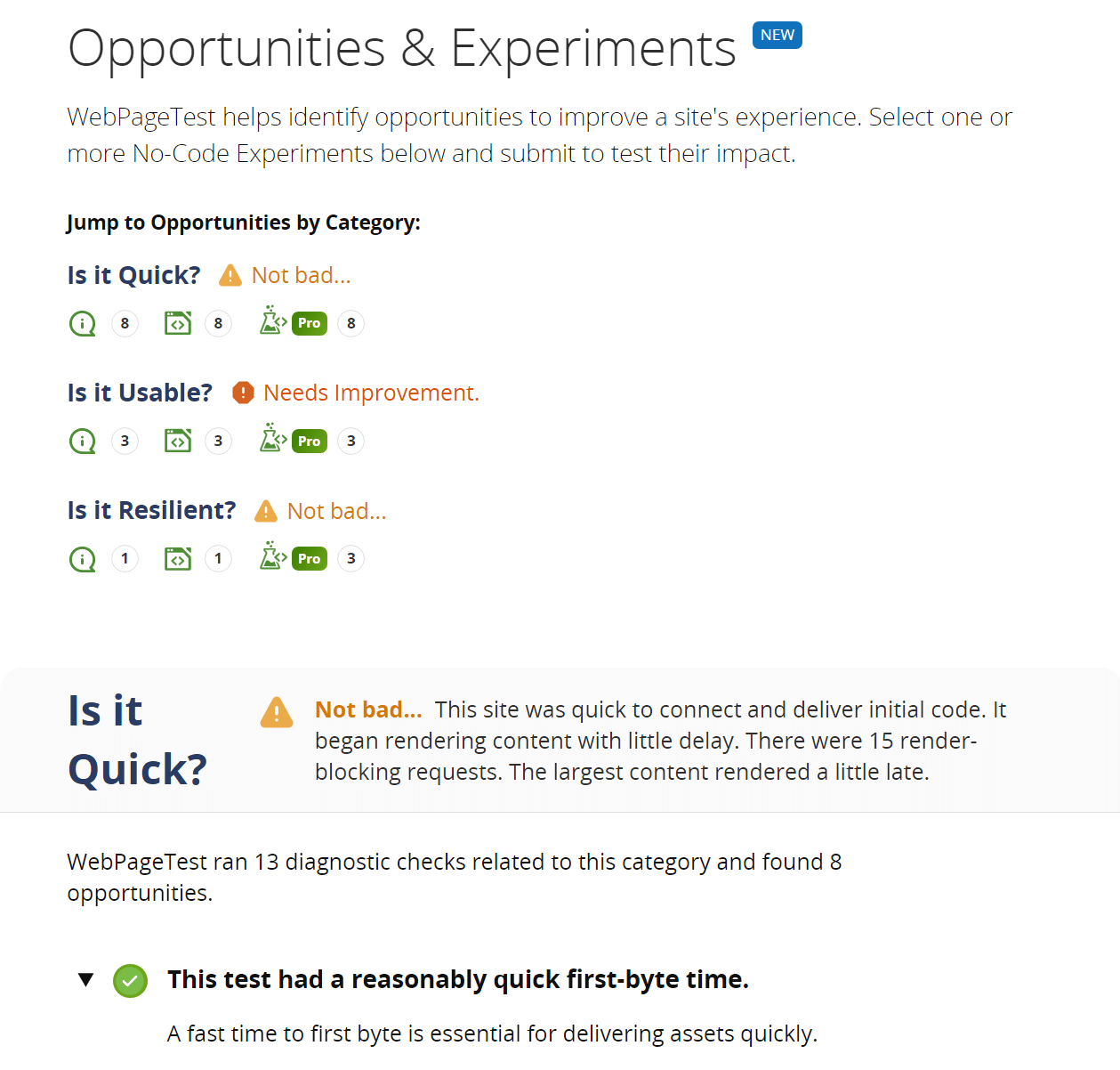 Section Opportunités et expériences dans WebPageTest