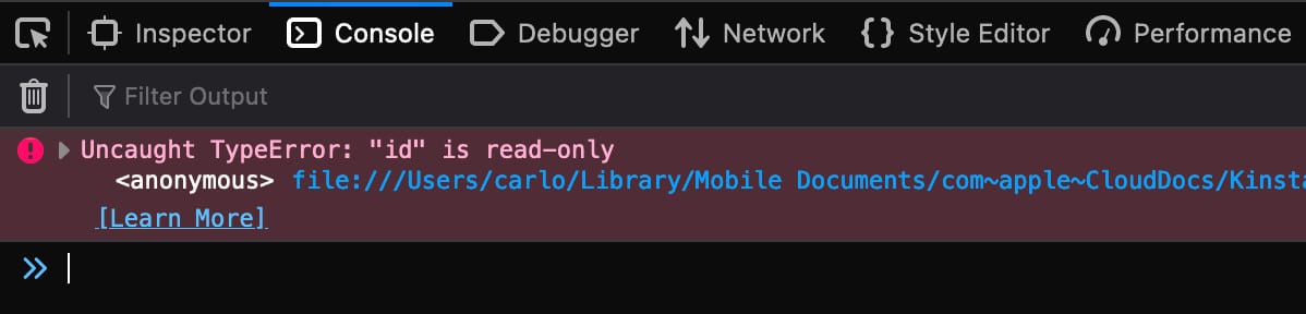 Die Neuzuweisung einer schreibgeschützten Eigenschaft löst einen Uncaught TypeError aus