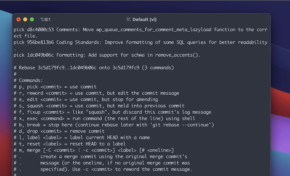 Ein Teil des Terminalfensters zeigt die Ausgabe eines git rebase-Befehls. Der Bildschirm zeigt drei Commits, daneben Hash-IDs und den Befehl 