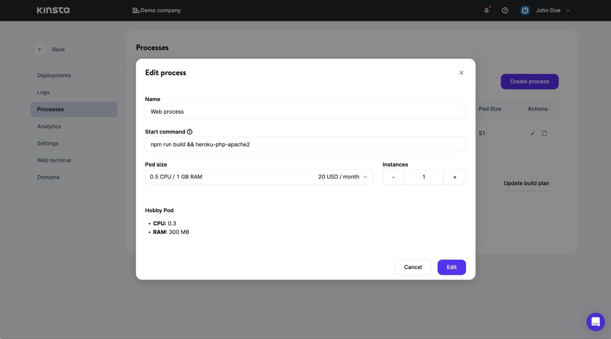 Het startcommando van het proces bijwerken op Kinsta
