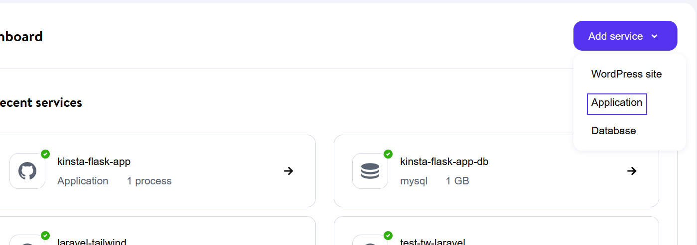 Tableau de bord MyKinsta lors de l'ajout d'un service d'application