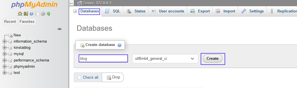Création d'une base de données dans le panneau phpMyAdmin