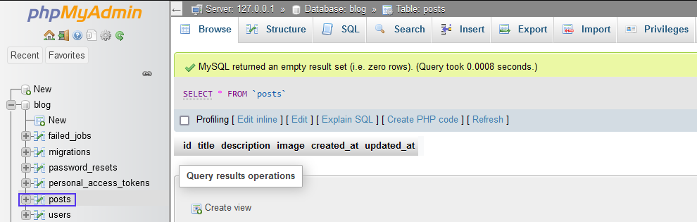 La table posts migrée est affichée dans phpMyAdmin