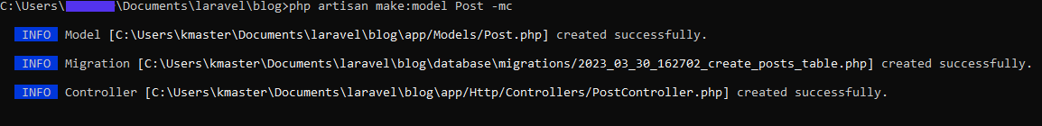 Création d'un modèle, d'un fichier de migration et d'un contrôleur à l'aide de la ligne de commande.