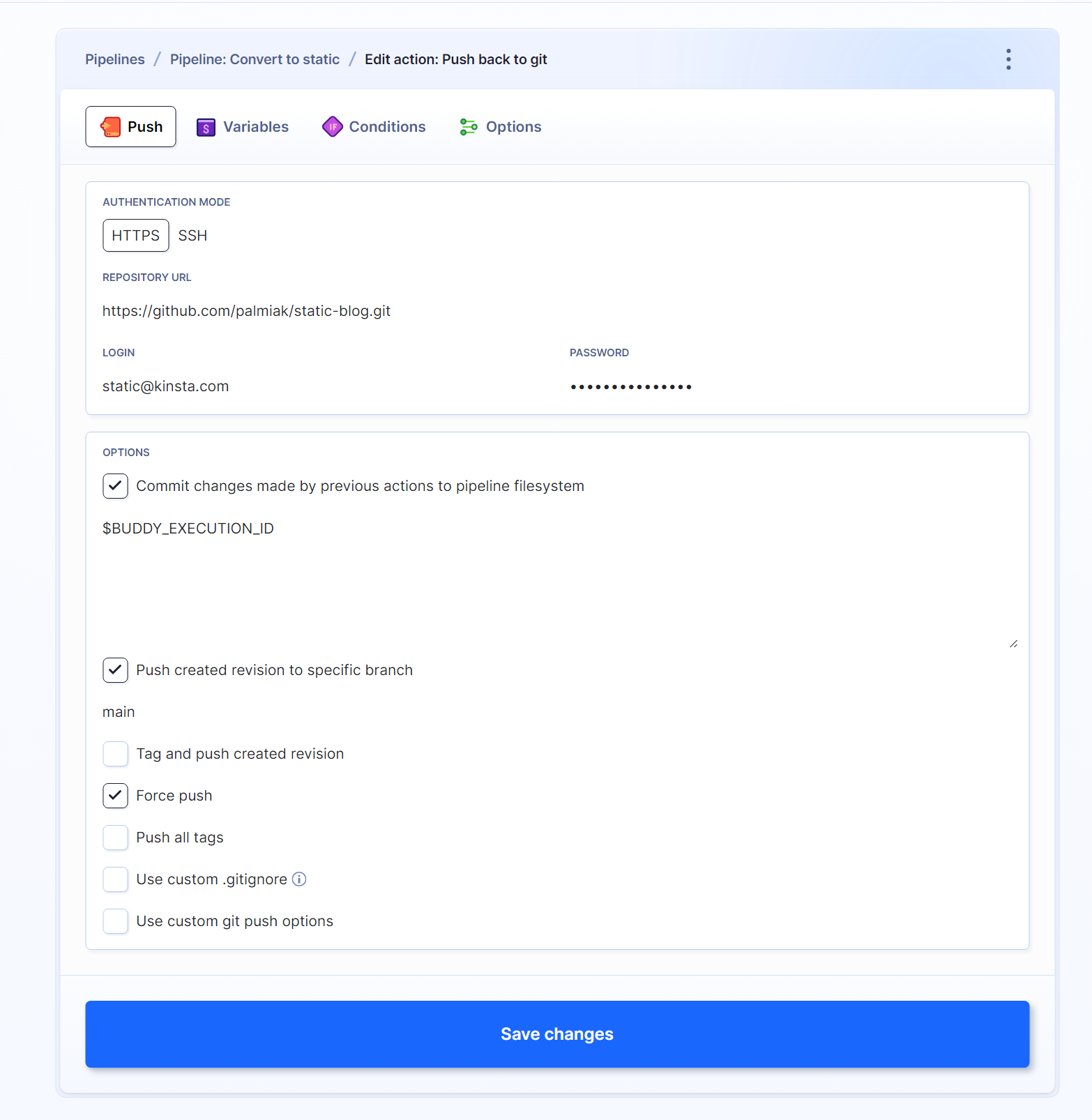 Buddy's UI showing the Push action's setup