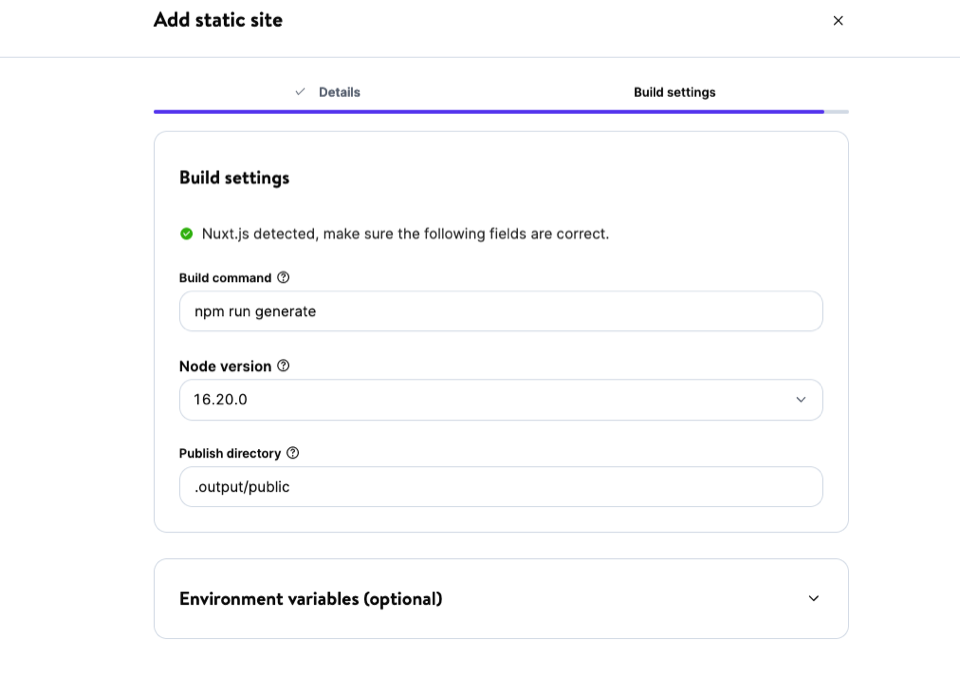 Réglages de construction détectés pour un projet utilisant Nuxt.js pour générer un site statique.