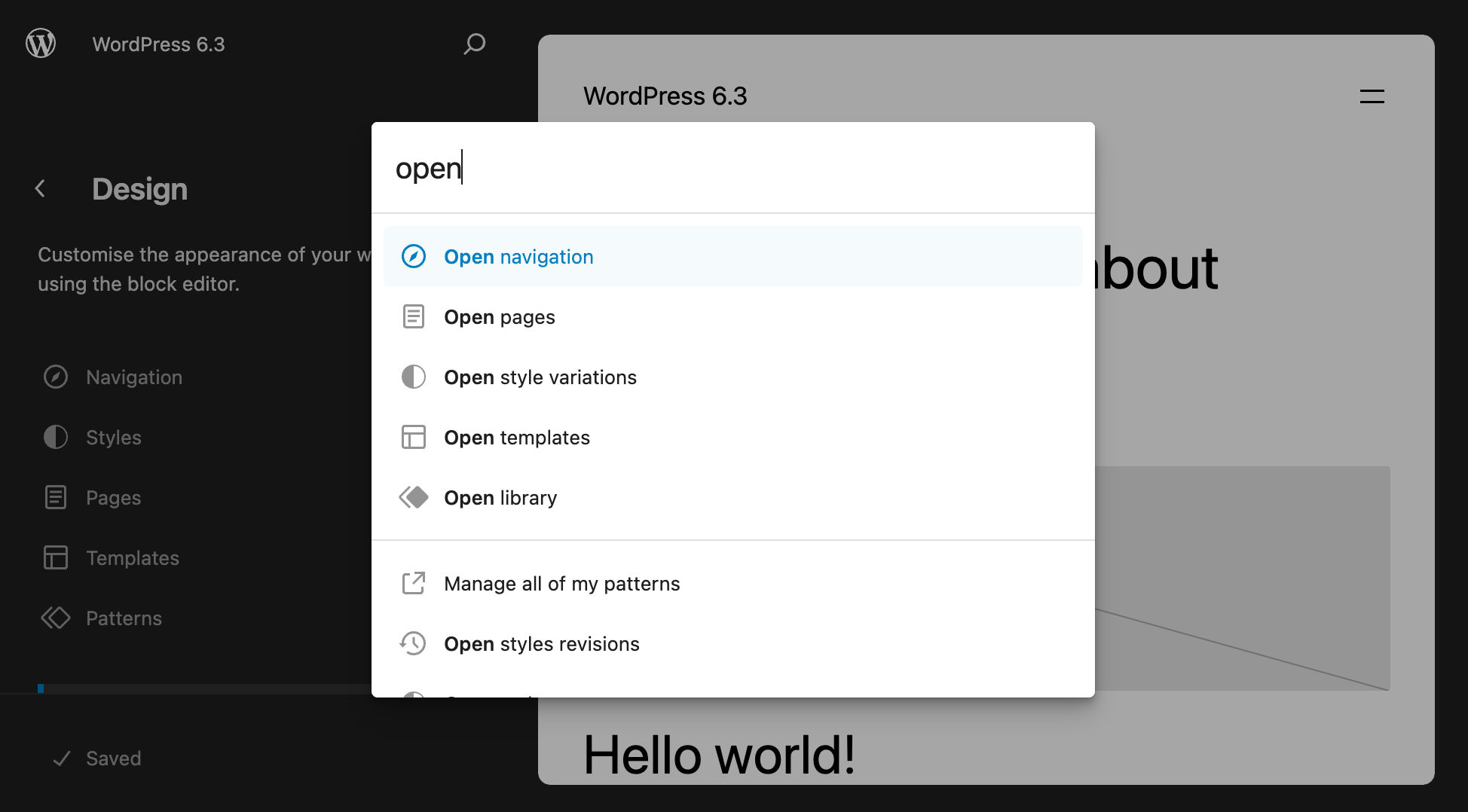 Searching for open in WordPress 6.3