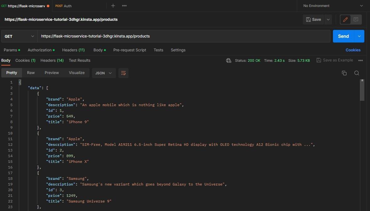 PostmanのproductsエンドポイントへのHTTP API GETリクエスト成功