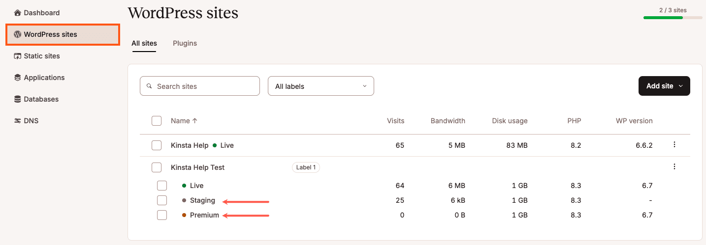 Selecciona un entorno staging de WordPress en MyKinsta.