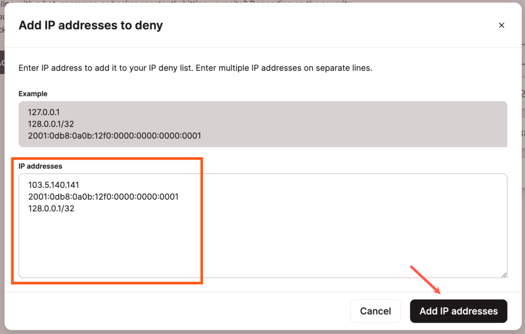 Add an IP address to deny in MyKinsta.