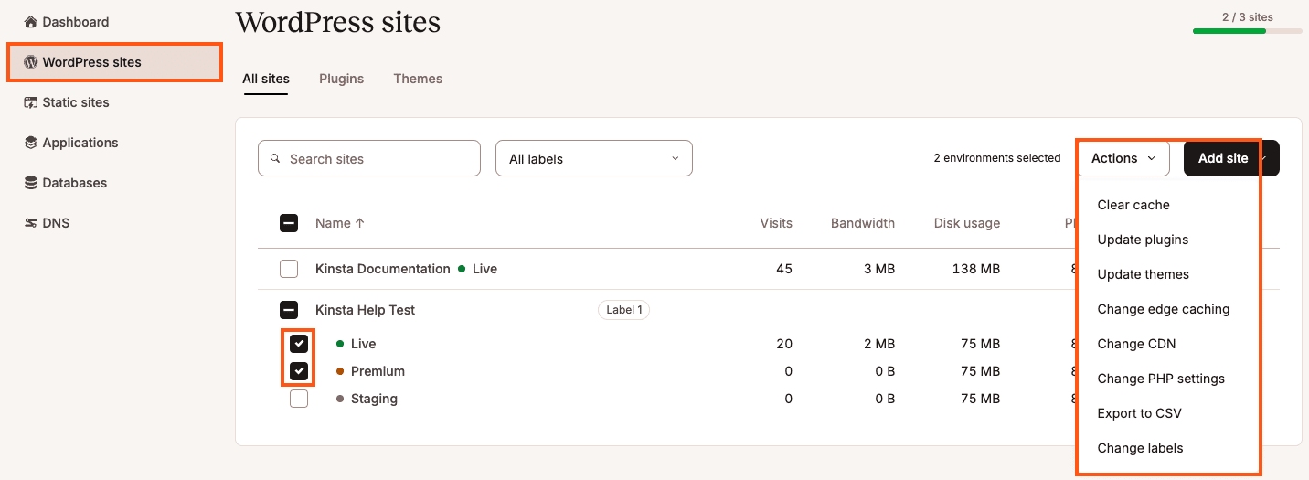 Realiza acciones en lote para tus entornos de WordPress desde Sitios WordPress.