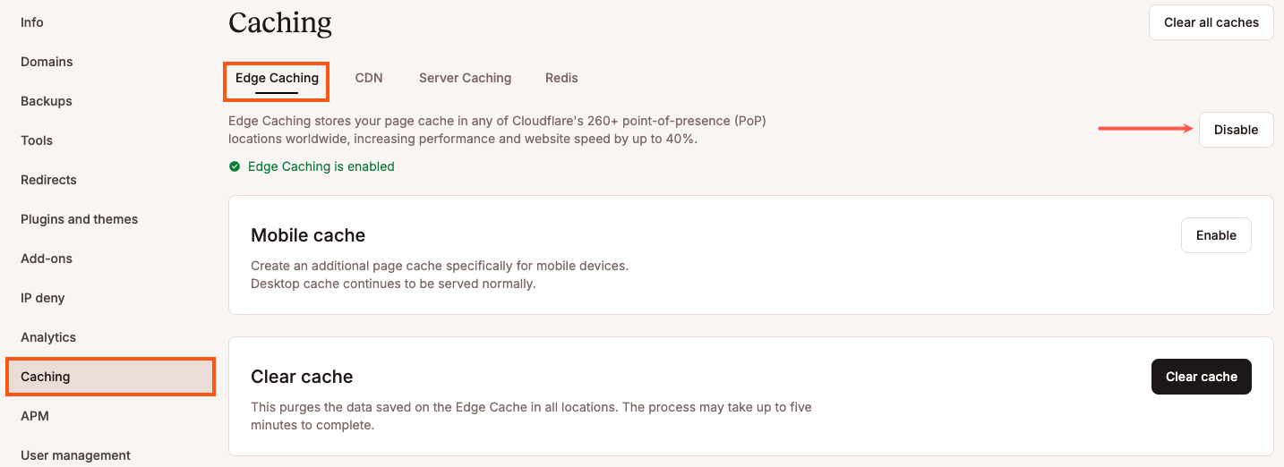 Screenshot: Disabling Edge Caching.