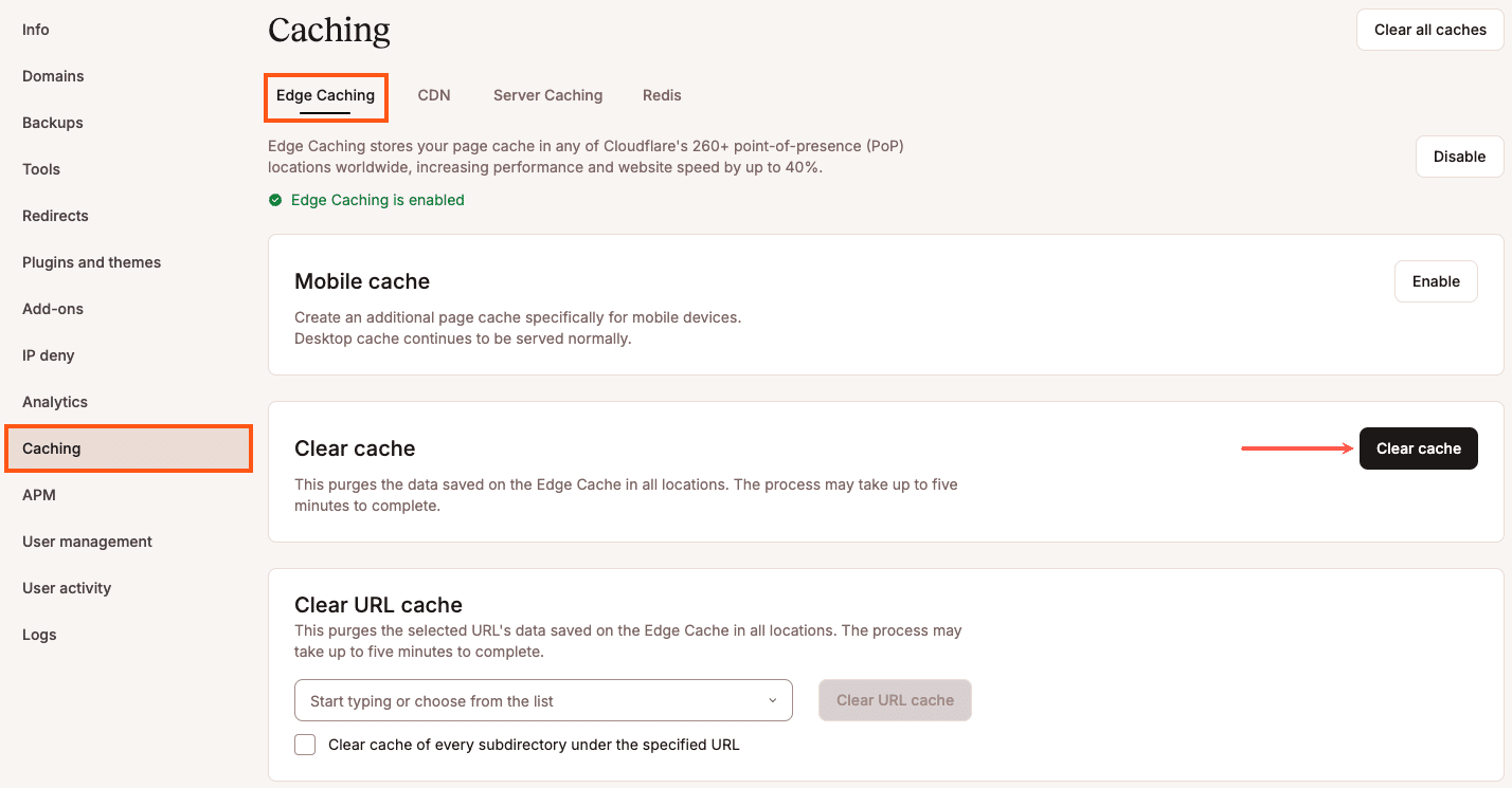 Screenshot: Clearing the edge caches in the MyKinsta dashboard.