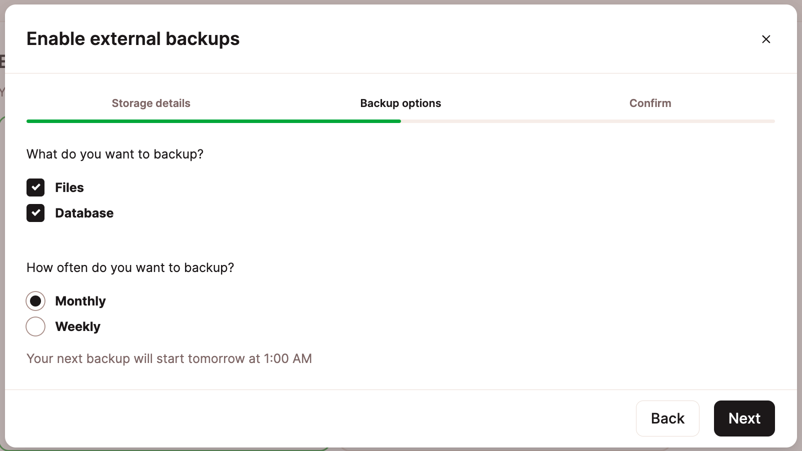 Sélection des options pour la configuration d'une sauvegarde externe.