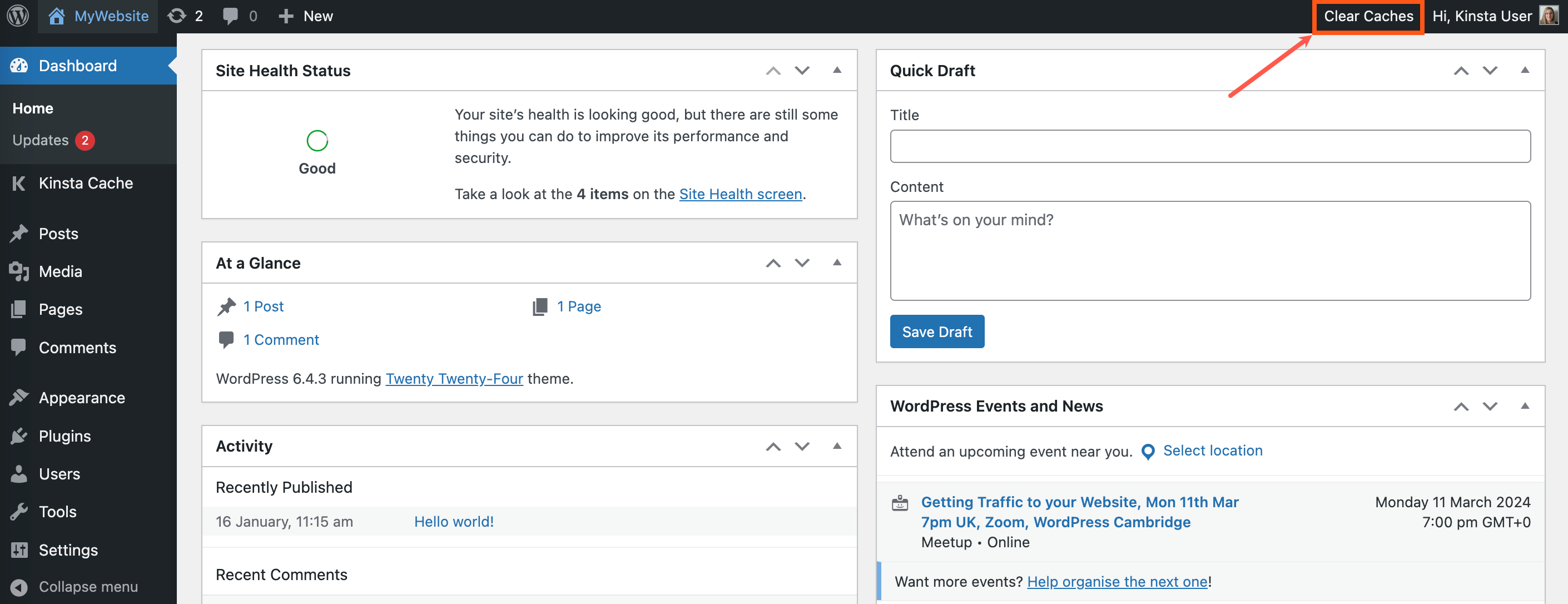 Clearing cache in WordPress using the Kinsta MU plugin.