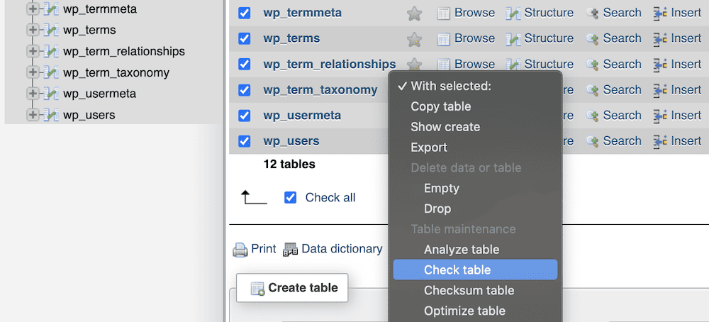 La herramienta phpMyAdmin mostrando la opción 