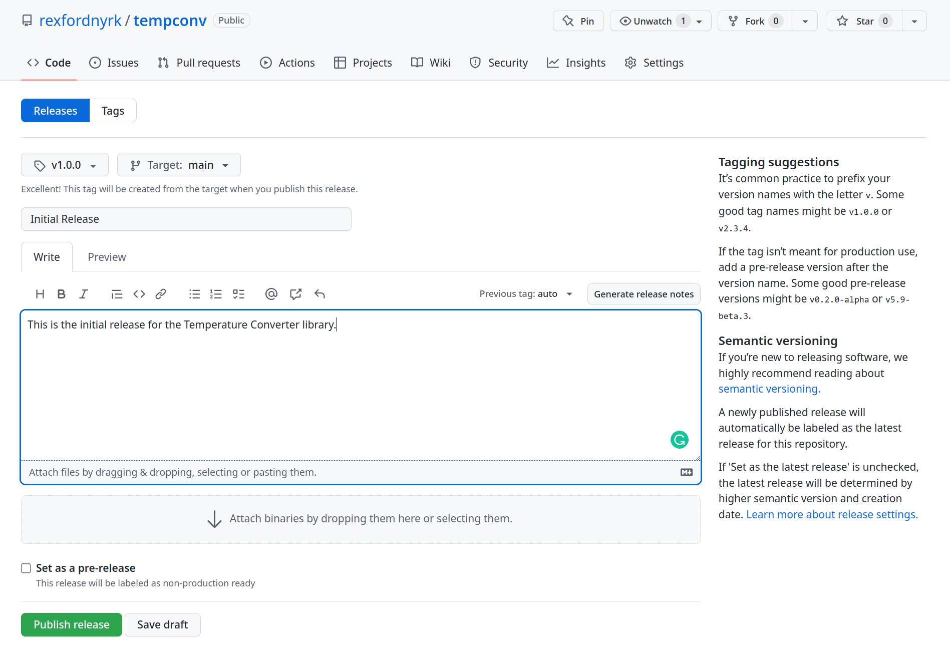 Captura de pantalla que muestra los detalles introducidos en la página Releases de GitHub.