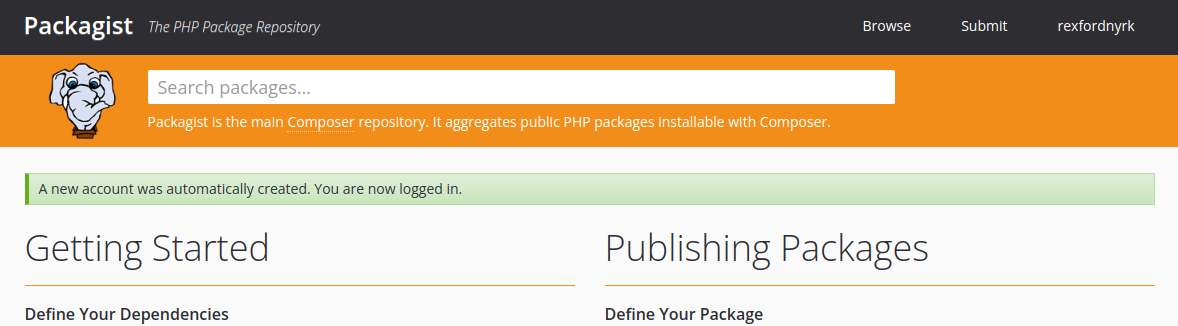 Captura de pantalla de un usuario conectado a Packagist.